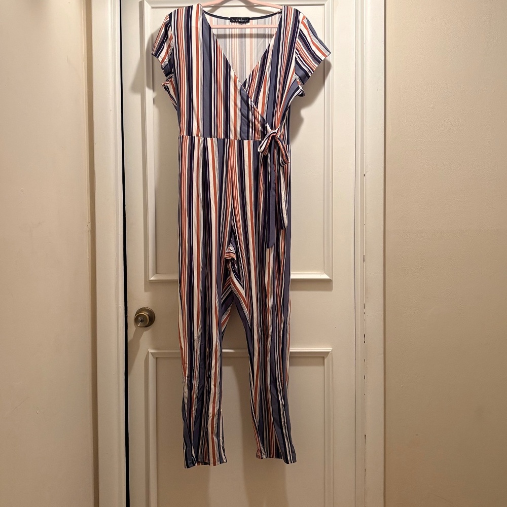 Derek Heart Striped Wrap Tie Waist Jumpsuit
